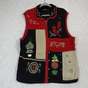 Vtg Christmas Cardigan Ugly Sweater Vest 1X? Holiday Cardigan Bird Bells Grandma